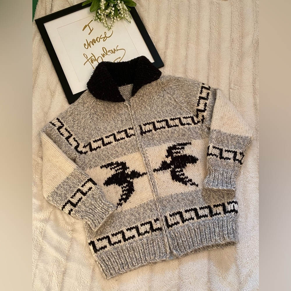 Cowichan Wool Loon Cardigan Large/XL Excel Vintage Used Cond Canadiana Hand Knit - Picture 3 of 16